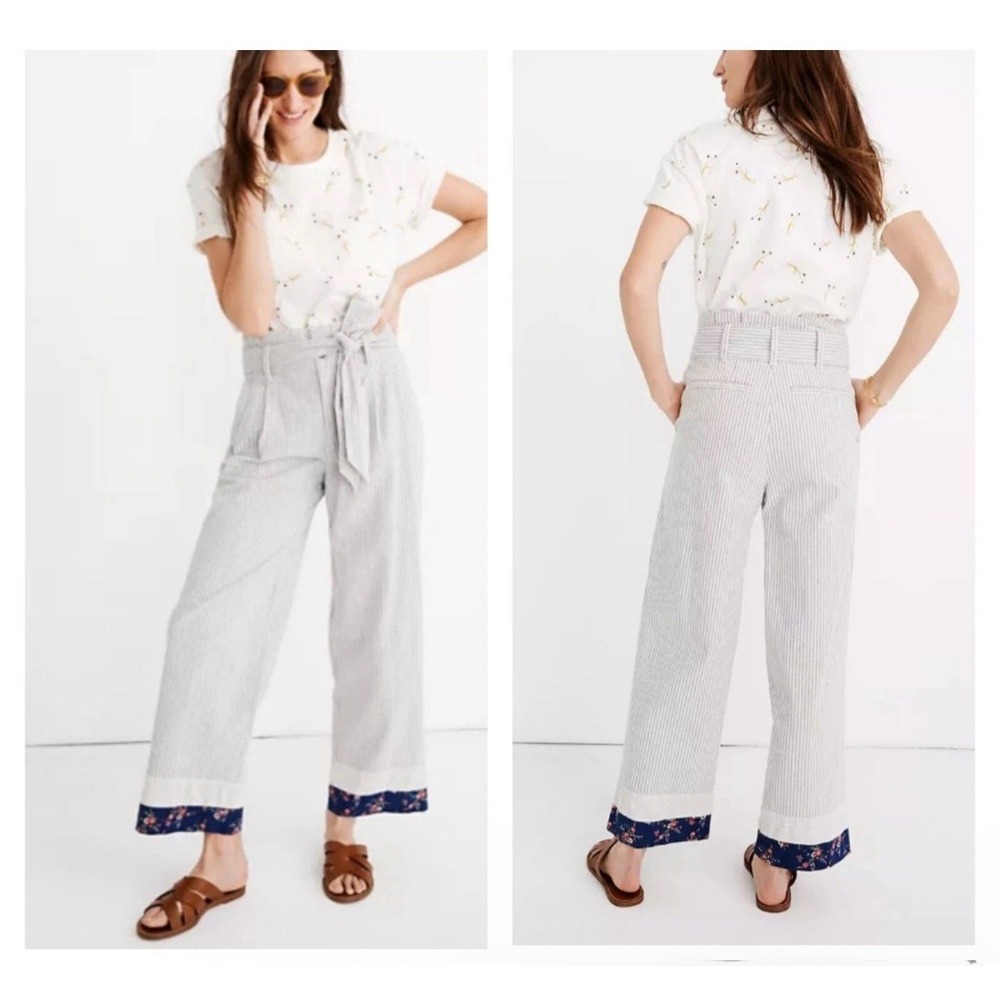 NEW Plus Sz 24 MADEWELL Cotton Blue Striped Ankle Pant with Trim Tie Waist